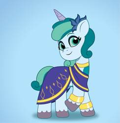 Size: 1251x1282 | Tagged: safe, artist:prixy05, oc, oc:prixy, pony, unicorn, g5, my little pony: tell your tale, blue background, clothes, dress, female, flower, flower in hair, gala dress, horn, leg band, mare, simple background