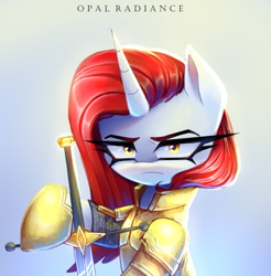 Size: 2950x3000 | Tagged: safe, artist:opal_radiance, oc, oc only, pony, unicorn, armor, gradient background, horn, solo, sword, weapon