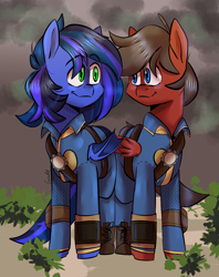 Size: 948x1200 | Tagged: safe, artist:cozziesart, oc, oc only, oc:guard cobalt flash, oc:strong hoof, bat pony, pegasus, bat pony oc, clothes, fallout, jumpsuit, looking at each other, looking at someone, male, pegasus oc, pipbuck, vault suit