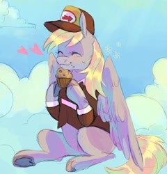 Size: 1346x1403 | Tagged: safe, artist:abbytabbys, derpy hooves, pegasus, pony, g4, blonde mane, blonde tail, chewing, cloud, colored hooves, crumbs, cute, day, derpabetes, eating, emanata, eyelashes, eyes closed, female, floating heart, food, gray coat, hat, heart, hoof hold, mailmare, mailmare hat, mailmare uniform, mare, muffin, on a cloud, outdoors, partially open wings, shiny mane, shiny tail, sitting, sitting on a cloud, sky background, smiling, solo, tail, underhoof, unshorn fetlocks, wings