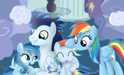 Size: 2346x1424 | Tagged: artist needed, safe, rainbow dash, soarin', oc, oc:ragtag, oc:shooting star, pegasus, pony, g4, female, filly, foal, male, mare, offspring, parent:rainbow dash, parent:soarin', parents:soarindash, screencap background, ship:soarindash, shipping, siblings, stallion, straight, twins