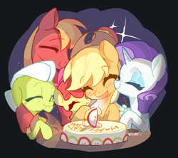 Size: 3505x3116 | Tagged: safe, artist:chengzi82020, apple bloom, applejack, big macintosh, granny smith, rarity, earth pony, pony, unicorn, apple family, birthday cake, black background, blushing, cake, eyes closed, female, filly, foal, food, happy birthday, horn, male, mare, open mouth, simple background, stallion, table, text