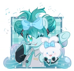Size: 2400x2300 | Tagged: safe, artist:weixin635, pony, semi-anthro, abstract background, duo, female, hatsune miku, mare, one eye closed, ponified, simple background, smiling, vocaloid, white background, wink