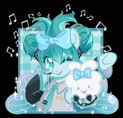 Size: 2400x2300 | Tagged: safe, artist:weixin635, pony, semi-anthro, abstract background, black background, duo, female, hatsune miku, mare, one eye closed, ponified, simple background, smiling, vocaloid, wink