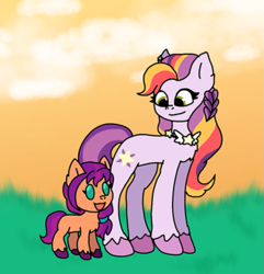 Size: 949x985 | Tagged: safe, artist:aaliyahthedream12, sunny starscout, sunny starscout's mother, earth pony, pony, g5, my little pony: tell your tale, written in the starscouts, spoiler:g5, spoiler:my little pony: tell your tale, spoiler:tyts02e11, beady eyes, duo, duo female, female, filly, filly sunny starscout, foal, jewelry, mare, mother and child, mother and daughter, necklace, open mouth, open smile, outdoors, smiling, tail, unshorn fetlocks, younger