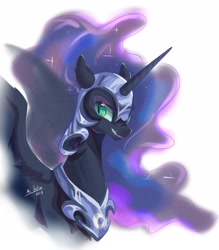 Size: 1999x2285 | Tagged: safe, artist:mrdelta1, nightmare moon, alicorn, pony, g4, bared teeth, ear fluff, ethereal mane, female, helmet, lidded eyes, long mane, mare, one wing out, peytral, sharp teeth, simple background, slender, slit pupils, solo, spread wings, starry mane, sternocleidomastoid, teeth, thin, white background, wings