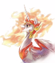 Size: 1999x2285 | Tagged: safe, artist:mrdelta1, daybreaker, princess celestia, alicorn, pony, g4, armor, ear fluff, female, helmet, horn, long horn, mane of fire, mare, nose wrinkle, open mouth, partially open wings, peytral, profile, sharp teeth, signature, simple background, slender, slit pupils, solo, sternocleidomastoid, teeth, thin, white background, wing armor, wings