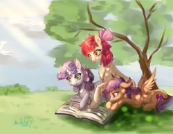 Size: 1606x1242 | Tagged: safe, artist:mrdelta1, apple bloom, scootaloo, sweetie belle, earth pony, pegasus, pony, unicorn, g4, apple bloom's bow, book, bow, chest fluff, cutie mark crusaders, dappled sunlight, ear fluff, female, filly, foal, hair bow, horn, leg fluff, lying down, prone, reading, signature, spread wings, the cmc's cutie marks, tree, under the tree, wings
