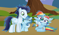Size: 2346x1424 | Tagged: artist needed, safe, rainbow dash, soarin', oc, oc:ragtag, oc:shooting star, pegasus, pony, female, filly, foal, male, mare, offspring, parent:rainbow dash, parent:soarin', parents:soarindash, screencap background, ship:soarindash, shipping, siblings, stallion, straight, twins