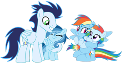 Size: 2346x1242 | Tagged: artist needed, safe, rainbow dash, soarin', oc, oc:ragtag, oc:shooting star, pegasus, pony, g4, female, filly, foal, male, mare, offspring, parent:rainbow dash, parent:soarin', parents:soarindash, ship:soarindash, shipping, siblings, simple background, stallion, straight, transparent background, twins
