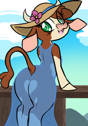 Size: 1668x2388 | Tagged: safe, artist:steelsoul, arizona (tfh), cow, semi-anthro, them's fightin' herds, butt, clothes, community related, cute, dress, female, hat, heart butt, looking at you, looking back, plot, rear view, see-through, sky, sun hat, sundress, tail, tail hole