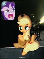 Size: 1351x1801 | Tagged: safe, artist:prixy05, applejack, starlight glimmer, earth pony, pony, unicorn, g4, bereal., crying, duo, female, guitar, horn, implied shipping, lesbian, mare, meme, musical instrument, open mouth, picture-in-picture, ponified meme, screaming fan meme, ship:glimmerjack, shipping, sitting, tears of joy