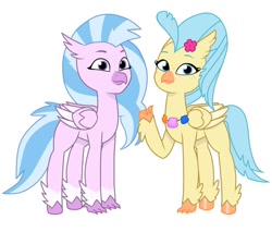 Size: 640x544 | Tagged: safe, artist:jazzhooves, princess skystar, silverstream, classical hippogriff, hippogriff, g4, g5, my little pony: tell your tale, coat markings, colored wings, cousins, duo, duo female, female, flower, flower in hair, freckles, g4 to g5, generation leap, jewelry, missing accessory, necklace, simple background, socks (coat markings), thumbs up, white background, wings