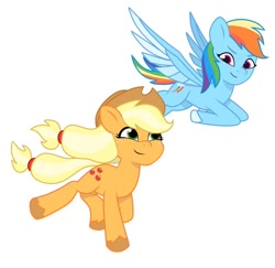 Size: 640x621 | Tagged: safe, artist:jazzhooves, applejack, rainbow dash, earth pony, pegasus, pony, g4, g5, applejack's hat, cowboy hat, duo, duo female, female, flying, freckles, g4 to g5, generation leap, hat, looking at each other, looking at someone, running, simple background, white background