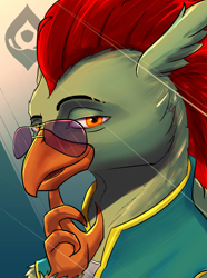 Size: 1560x2100 | Tagged: safe, artist:tofuslied-, oc, oc only, oc:crack lightning, hippogriff, equestria at war mod, bust, claw, glasses, looking at you, portrait, solo, sunglasses