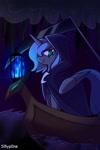 Size: 640x960 | Tagged: safe, artist:sillyp0ne, princess luna, alicorn, pony, g4, alternate hairstyle, blue coat, blue light, blue mane, blue tail, boat, cave, cavern, charon, cloak, clothes, colored, dark, detailed background, eyelashes, female, folded wings, gradient eyes, green eyes, grim reaper, hooded cloak, horn, lantern, large wings, long tail, looking at you, mare, no pupils, profile, river, s1 luna, scythe, shiny eyes, short mane, smiling, smiling at you, solo, standing, tail, teal eyes, underground, unicorn horn, water, wingding eyes, wings