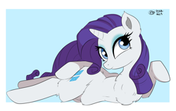 Size: 1936x1227 | Tagged: safe, artist:bunbunmuffinart, artist:bunbunmuffins, part of a set, rarity, pony, unicorn, g4, belly, chest fluff, draw me like one of your french girls, explicit source, eyeshadow, female, fluffy, horn, looking at you, lying down, makeup, mare, signature, solo
