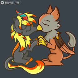 Size: 2000x2000 | Tagged: safe, artist:redpalette, oc, oc only, oc:electra pleiades, oc:peregrine, griffon, kirin, commission, cute, electragrine, eyes closed, griffon oc, holding hands, holiday, hoof hold, interspecies, kirin oc, kissing, romance, smooch, valentine's day, your character here