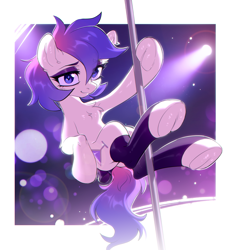 Size: 2989x2989 | Tagged: safe, artist:ls_skylight, oc, oc only, oc:indigo storm, pony, bow, butt, chest fluff, clothes, female, frog (hoof), high res, hoofbutt, hooves, mare, plot, pole dancing, socks, solo, stockings, stripper pole, thigh highs, underhoof