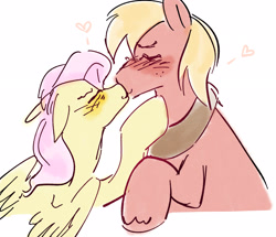 Size: 2674x2302 | Tagged: safe, artist:frostharbourer, big macintosh, fluttershy, earth pony, pegasus, pony, blushing, duo, eyes closed, female, floppy ears, heart, height difference, kiss on the lips, kissing, lesbian, male, orchard blossom, ship:fluttermac, shipping, simple background, trans big macintosh, transgender, white background