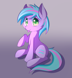 Size: 2952x3216 | Tagged: safe, artist:kawaiipony2, oc, oc only, oc:trilly taffy, earth pony, pony, :p, commission, cute, earth pony oc, female, gradient background, high res, looking at you, mare, ocbetes, raised hoof, sitting, smiling, smiling at you, solo, tail, tongue out