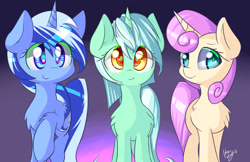 Size: 1964x1271 | Tagged: safe, artist:kawaiipony2, lyra heartstrings, minuette, twinkleshine, pony, unicorn, g4, adorableshine, chest fluff, colored pupils, cute, female, fluffy, horn, leg fluff, looking at you, lyrabetes, mare, minubetes, raised hoof, shoulder fluff, signature, smiling, smiling at you, trio, trio female