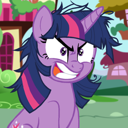 Size: 1024x1024 | Tagged: safe, artist:anythingpony, twilight sparkle, pony, unicorn, g4, angry, horn, messy hair, messy mane, outdoors, ponyville, show accurate, solo, twilight snapple, unicorn twilight