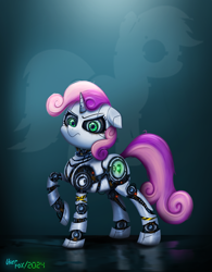 Size: 1931x2480 | Tagged: safe, artist:user-fox, sweetie belle, pony, robot, robot pony, unicorn, g4, dark background, female, foal, gradient background, green eyes, horn, looking at you, raised hoof, solo, sweetie bot, unhappy