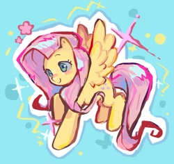 Size: 1175x1107 | Tagged: safe, artist:zhouxin63758, fluttershy, pegasus, pony, g4, blushing, female, light blue background, mare, outline, simple background, smiling, solo, spread wings, white outline, wings