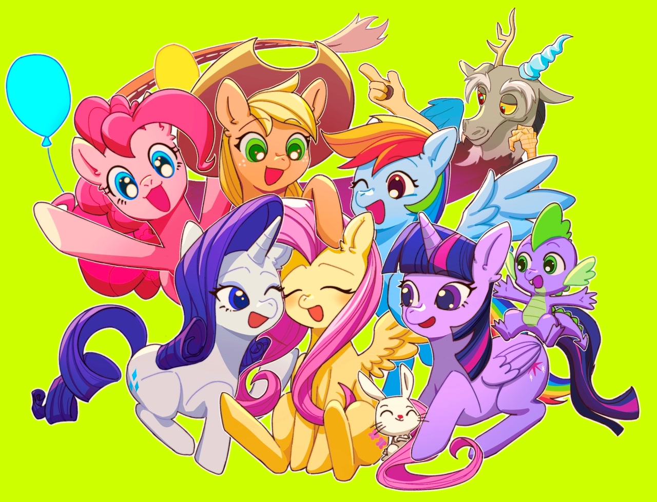#3360605 - safe, artist:xyls0221, angel bunny, applejack, discord ...