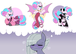 Size: 3508x2480 | Tagged: safe, artist:syrupyyy, limestone pie, oc, oc:sweetie swirl, bat pony, pony, bat pony oc, blue blush, blue tongue, blushing, bow, clothes, crossdressing, dress, flustered, goth, hair bow, headphones, high heels, imagination, jewelry, long tongue, multicolored hair, shoes, thought bubble, tiara, tongue out