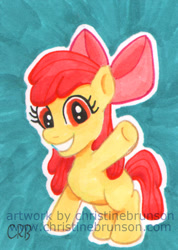 Size: 550x773 | Tagged: safe, artist:inkdotthepony, apple bloom, earth pony, pony, g4, abstract background, female, filly, foal, grin, raised hoof, smiling, solo, text, traditional art