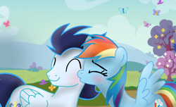 Size: 2346x1424 | Tagged: artist needed, safe, rainbow dash, soarin', pegasus, pony, g4, cheek kiss, duo, duo male and female, female, kissing, male, mare, ship:soarindash, shipping, stallion, straight