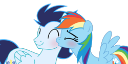 Size: 2346x1180 | Tagged: artist needed, safe, rainbow dash, soarin', pegasus, pony, g4, cheek kiss, duo, duo male and female, female, kissing, male, mare, ship:soarindash, shipping, simple background, stallion, straight, transparent background