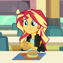 Size: 2160x2160 | Tagged: safe, artist:octosquish7260, sunset shimmer, human, equestria girls, g4, arms, burger, cafeteria, canterlot high, chair, clothes, dress, eating, female, fingers, food, hand, happy, hay burger, herbivore, holding, humans doing horse things, jacket, leather, leather jacket, long hair, plate, school, short sleeves, show accurate, sitting, smiling, solo, sunset wants her old digestive system back, table, teenager, tray