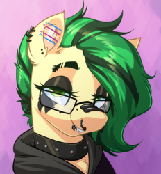 Size: 2128x2296 | Tagged: safe, artist:witchtaunter, oc, oc only, oc:joystick, pony, abstract background, bridge piercing, bust, clothes, collar, commission, ear piercing, eyebrow piercing, female, glasses, goth, hoodie, industrial piercing, lip piercing, looking at you, mare, nose piercing, nose ring, piercing, portrait, smiling, smiling at you, solo