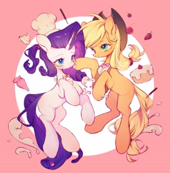 Size: 2659x2700 | Tagged: safe, artist:leafywind, applejack, rarity, earth pony, pony, unicorn, g4, cake, chef's hat, circle background, duo, duo female, female, food, hairband, hat, high res, horn, icing bag, lesbian, mare, missing cutie mark, pink background, ship:rarijack, shipping, simple background, strawberry, tail, tail band