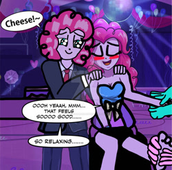 Size: 800x793 | Tagged: safe, artist:iamscar2017, artist:sumin630, lotus blossom, pinkie pie, human, g4, aloe vera, blushing, bubble berry, counterparts, crush, dancing, dancing couple, deviant, deviantart, deviantart watermark, dialogue, fall formal, fall formal outfits, foot massage, hand massage, in love, lotus bloom, massage, mlpeg, obtrusive watermark, pamper, pampering, relaxation, relaxing, romance, romantic dance, romantic dancing, rule 63, shoulder massage, shoulder rubbing, slow dance, slow dancing, spa, story included, watermark