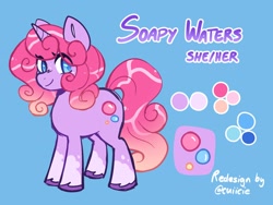 Size: 2000x1500 | Tagged: safe, artist:cuiicie, oc, oc only, oc:soapy waters, pony, unicorn, blue background, horn, reference sheet, simple background, solo, unshorn fetlocks