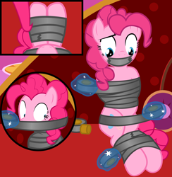 Size: 3247x3321 | Tagged: safe, artist:cardshark777, pinkie pie, earth pony, pony, g4, 3 panel comic, bondage, bound and gagged, comic, fainting couch, female, femsub, first pony view, gag, helpless, hooves behind back, human shoulders, implied rarity, legs together, looking down, magic, magic aura, mare, panel, panels, pink coat, pink mane, sequel, sitting, solo, submissive, tape, tape bondage, tape gag, telekinesis, wrapping
