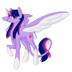 Size: 2000x2000 | Tagged: safe, artist:sychia, twilight sparkle, alicorn, pony, g4, alternate hairstyle, concave belly, female, freckles, large wings, leonine tail, mare, markings, raised hoof, redesign, simple background, slender, solo, spread wings, tail, tail feathers, thin, transparent background, twilight sparkle (alicorn), wings