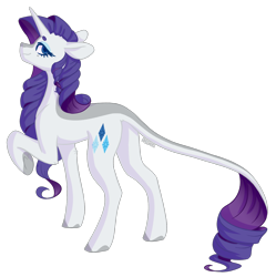 Size: 1788x1794 | Tagged: safe, artist:sychia, rarity, pony, unicorn, alternate hairstyle, concave belly, female, horn, leonine tail, mare, markings, raised hoof, redesign, simple background, slender, solo, tail, thin, transparent background, wide eyes