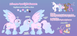 Size: 4500x2100 | Tagged: safe, artist:iridescentclaws, oc, alicorn, pony, g3, g4, chest fluff, chubby, draft horse, ear fluff, fluffy, genderfluid, large wings, nonbinary, pink coat, princess, reference, reference sheet, shiny hooves, size chart, size comparison, sparkly eyes, sparkly hooves, sparkly mane, sparkly tail, tail, transgender, unshorn fetlocks, wingding eyes, wings