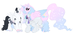 Size: 2161x985 | Tagged: safe, artist:iridescentclaws, oc, oc only, oc:hydrangea, oc:moonlight blossom, oc:shimmer shine, alicorn, hippogriff, hybrid, pony, alicorn oc, draft horse, dragon hybrid, hippogriff oc, horn, hybrid oc, iridescence, iridescent coat, iridescent scales, piebald, piebald coat, pink coat, pony hybrid, shiny hooves, sparkly hooves, sparkly mane, sparkly tail, tail, white coat, wings