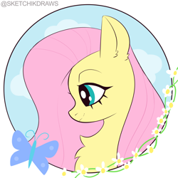 Size: 2000x2000 | Tagged: safe, artist:sketchik, fluttershy, pegasus, pony, g4, bust, cute, female, mare, portrait, shyabetes, side view, simple background, smiling, solo