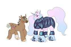 Size: 1500x1000 | Tagged: safe, artist:iridescentclaws, oc, oc only, oc:cinnamon sugar, oc:moonlight blossom, alicorn, hybrid, lizard, lizard pony, pony, unicorn, fallout equestria, armor, armored pony, brown coat, couple, draft horse, horn, hybrid oc, pink coat, pipbuck, pony hybrid, princess, sparkly mane, sparkly tail, tail