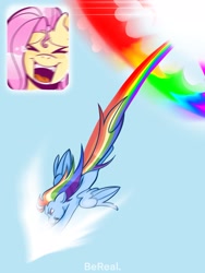 Size: 1620x2160 | Tagged: safe, artist:zombeedog, fluttershy, rainbow dash, pegasus, pony, g4, sonic rainboom (episode), bereal., crying, duo, duo female, excited, eyes closed, female, flying, happy, lesbian, mare, meme, open mouth, open smile, outdoors, picture-in-picture, scene interpretation, screaming fan meme, ship:flutterdash, shipping, smiling, sonic rainboom, spread wings, tail, tears of joy, wings