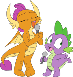 Size: 862x910 | Tagged: safe, artist:nauyaco, color edit, edit, smolder, spike, dragon, g4, colored, duo, duo male and female, female, male, microphone, simple background, white background