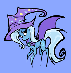 Size: 1493x1538 | Tagged: safe, artist:coffeefueledchainsaw, trixie, pony, g4, blue background, cape, clothes, hat, pointy ponies, simple background, solo, trixie's cape, trixie's hat