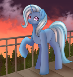 Size: 2656x2820 | Tagged: safe, artist:flomoon, trixie, pony, unicorn, g4, cloud, fence, forest, horn, missing cutie mark, nature, sky, smiling, solo, tree
